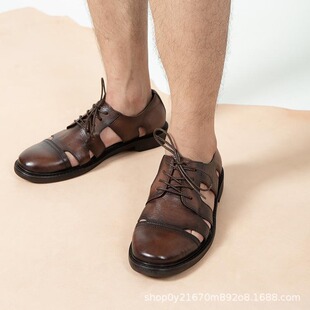 全牛皮夏季 2023新款 包头外穿休闲沙滩鞋 男复古真皮罗马凉鞋 皮凉鞋