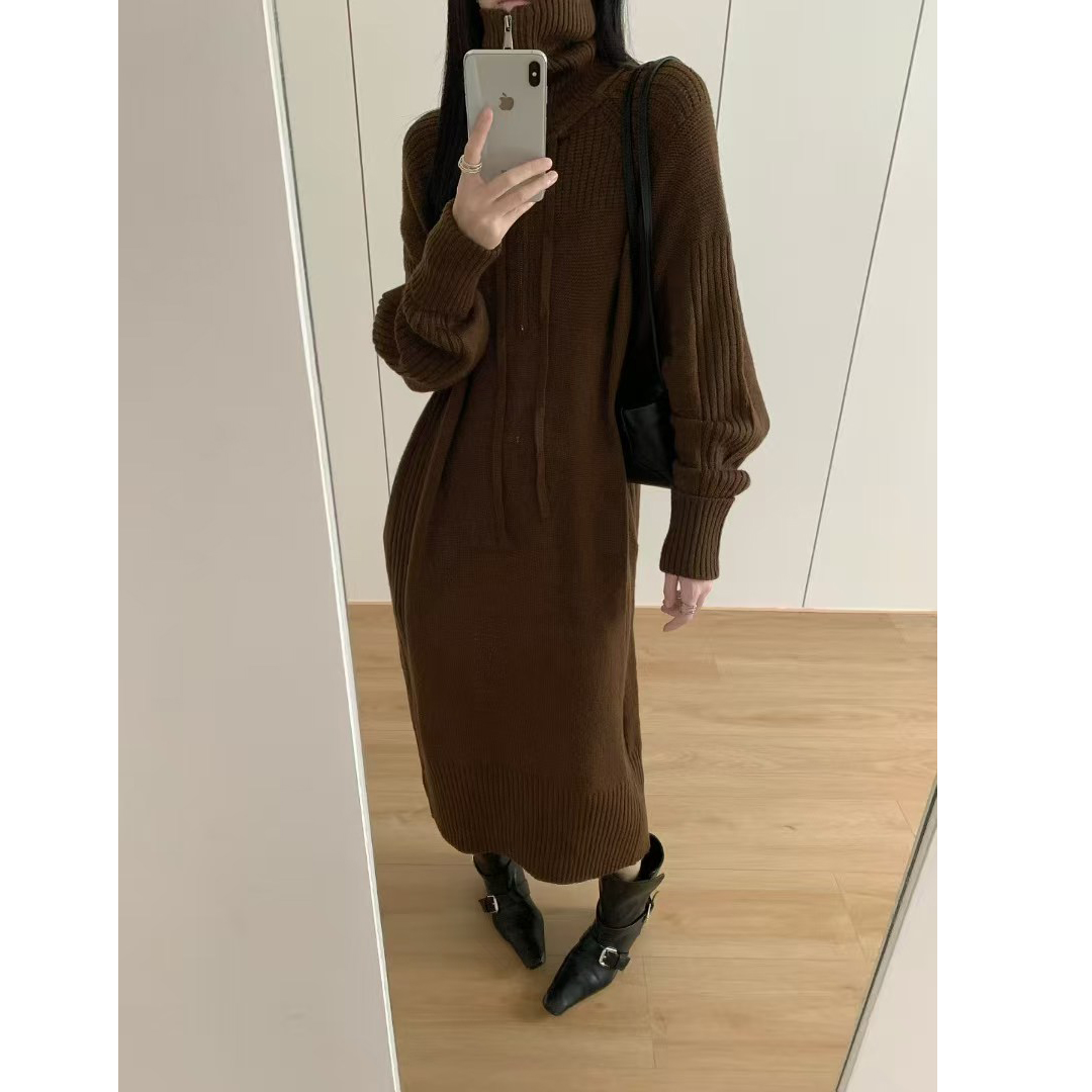 宽松中长款毛衣翻领针织连衣裙女