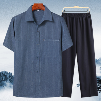 夏季中老年人衬衣男套装爸爸衬衫爷爷装冰丝夏装短袖衣服60-70岁