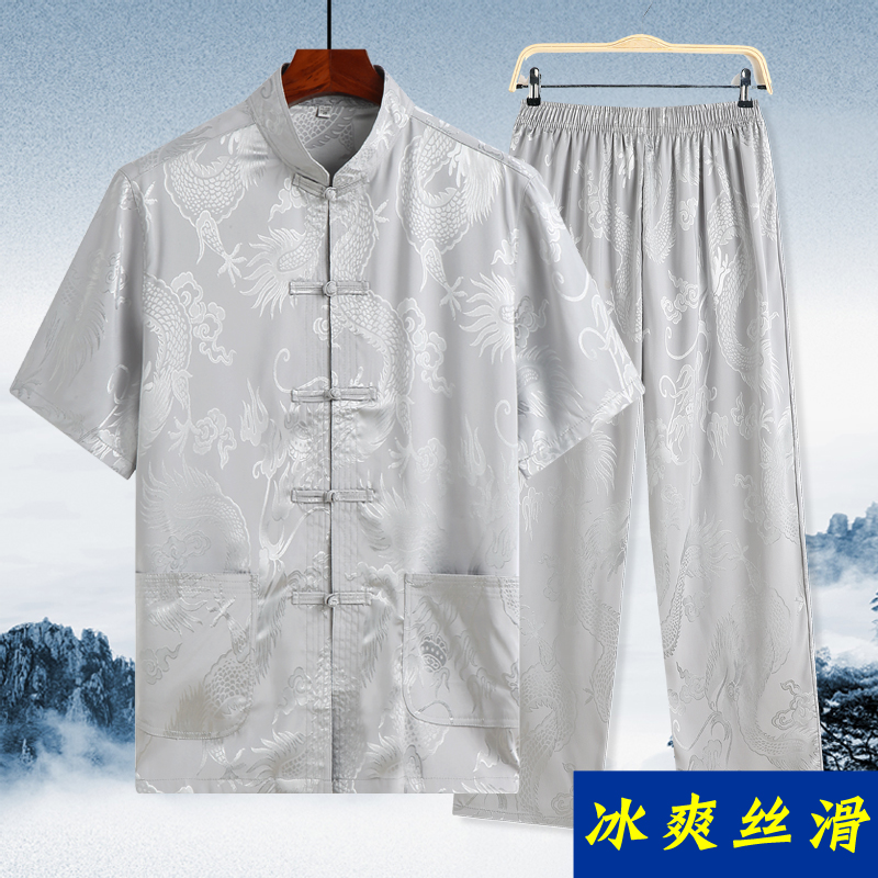 夏季唐装男短袖套装中老年人夏天老人衣服男爷爷夏装60-70岁爸爸