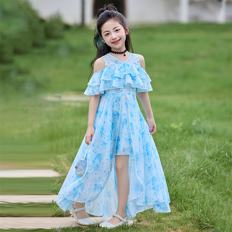 女童连衣裙2025新款女大童夏季拖尾雪纺儿童裙子小女孩洋气公主裙