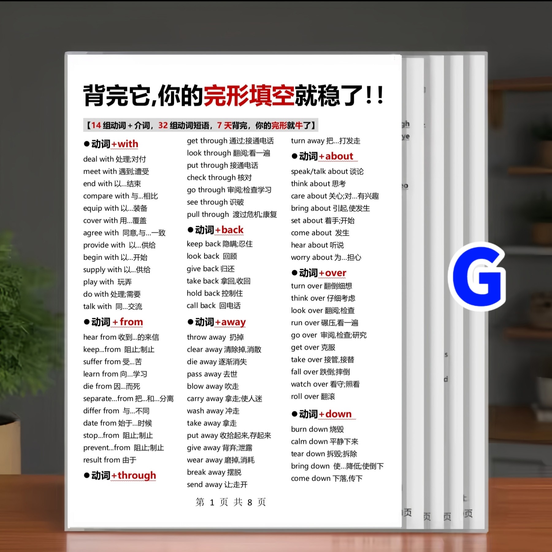 初中英语完形填空固定搭配短语汇总大全专项训练益智背诵学习卡片