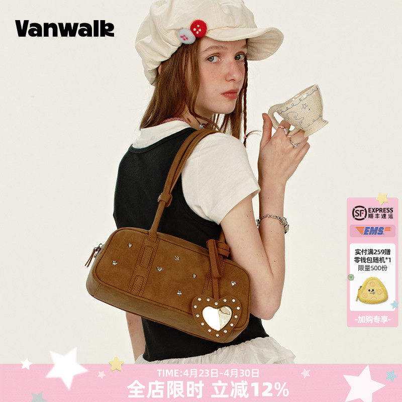 VANWALK手账系列 小众设计铆钉单肩波士顿枕头包包女生通勤手提包