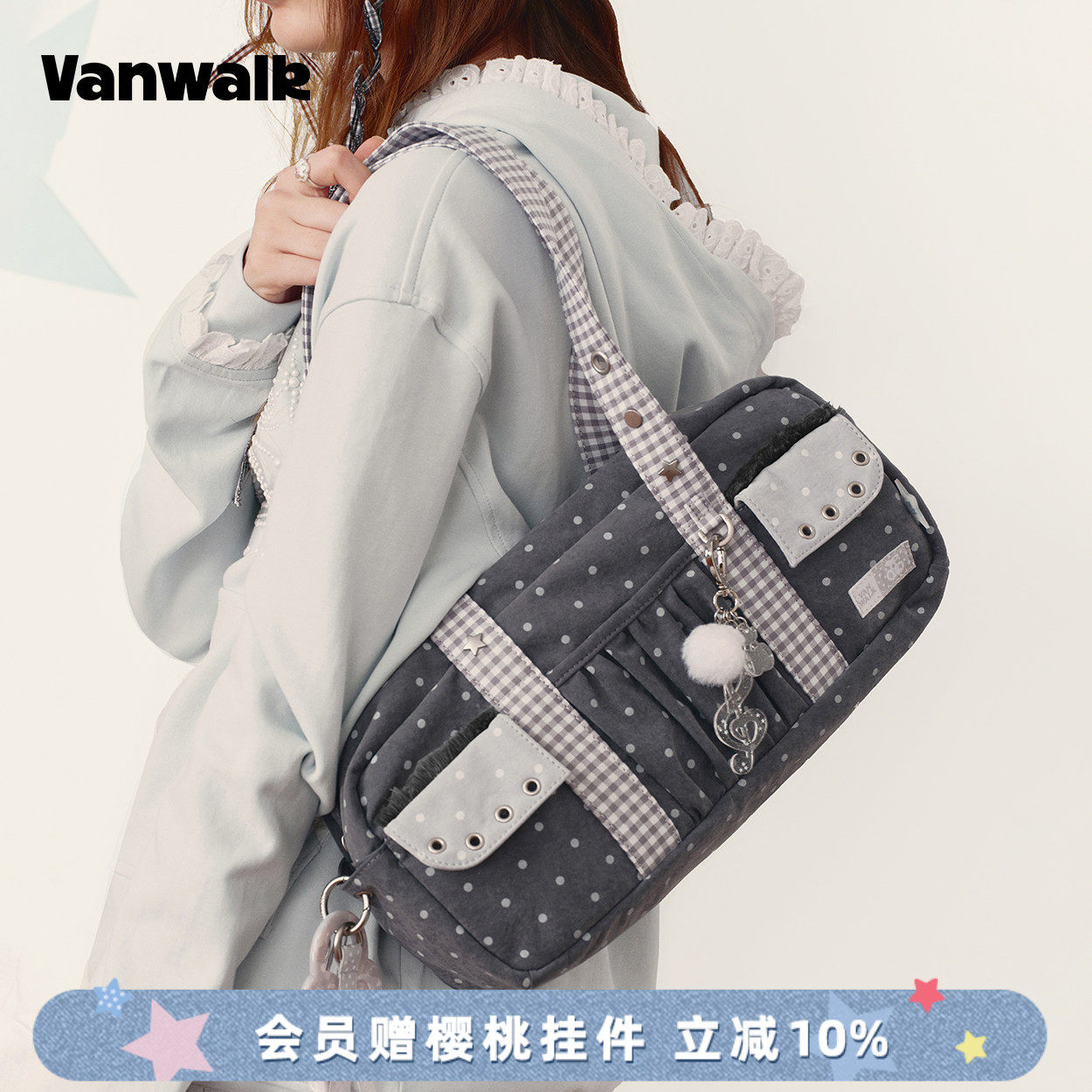 VANWALK lucky pony新款少女波点单肩包通勤百搭外出手提腋下包包