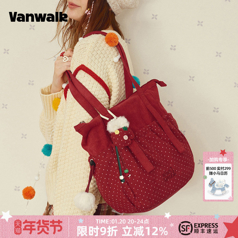VANWALK圣诞系列 波点拼接托特包女大容量通勤包复古绒面单肩包,箱包皮具/热销女包/男包,通用款女包,淘宝优惠券,粉丝福利购,淘宝优惠卷