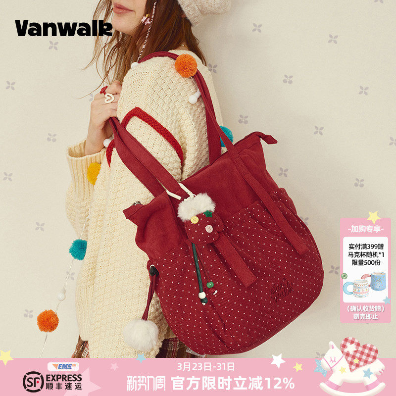 VANWALK圣诞系列 波点拼接托特包女大容量通勤包复古绒面单肩