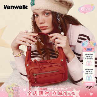 VANWALK lucky pony新款女生波点单肩斜挎包高级感红色皮包手提包