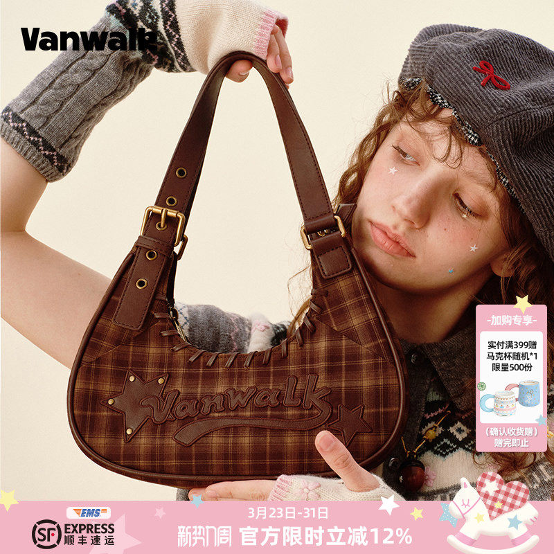 VANWALK松果部落 秋冬复古新款格子月牙包女简约通勤手提腋下