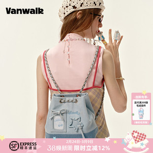 VANWALK手账系列 新款菜篮子包女生旅游链条水桶双肩包牛仔斜挎包