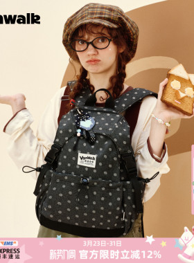 VANWALK松果部落 新款小众星星豹纹休闲双肩包女外出通勤黑色书包