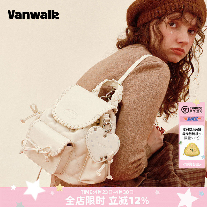 VANWALK松果部落 复古冬季新款小型双肩包女包包蝴蝶结通勤小背包