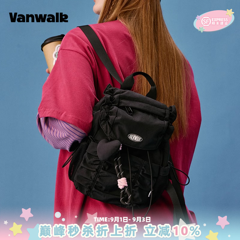 VANWALK运动系列 新款褶皱云朵双肩包小众设计感抽绳女生小书包图片