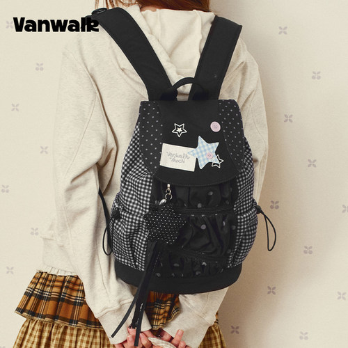 VANWALK/出走翻盖波点条纹双肩包