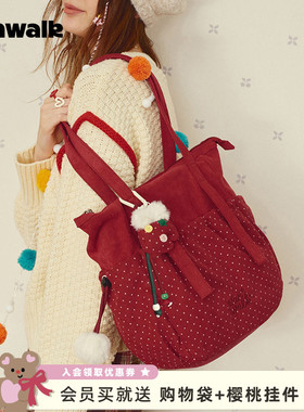 VANWALK圣诞系列 波点拼接托特包女大容量通勤包复古绒面单肩包