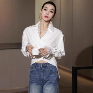 Women’s 设计感蕾丝拼接收腰衬衣女Lace Blouse 简约气质时尚 法式