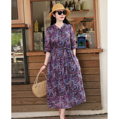 牡丹赋/十木米原创百分百苎麻印花文艺贵气优雅双层长款连衣裙