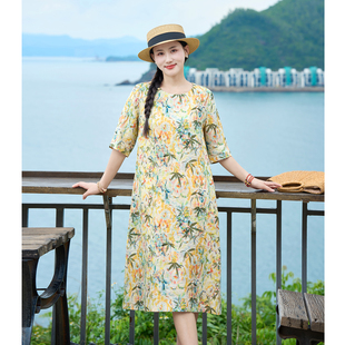竹光/十木米原创透气亚麻雨露麻印花旅行文艺清新夏款中长连衣裙