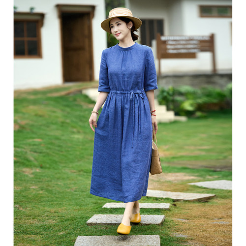 青云赋/十木米原创色织提花亚麻旅行文艺立领显瘦长款连衣裙