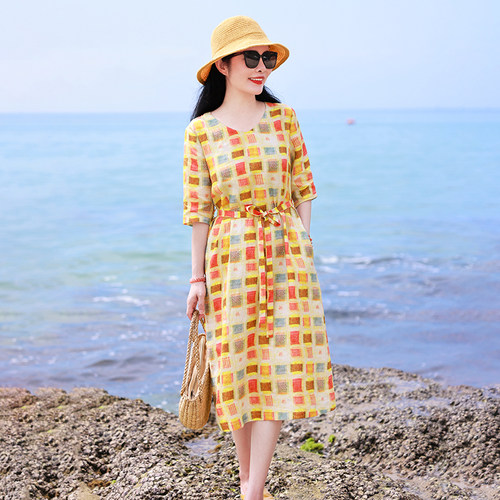 彩铃/十木米原创夏款百分百亚麻印花清新文艺休闲中长连衣裙