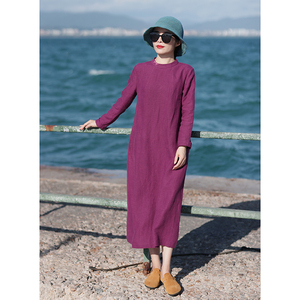 芳邻/十木米原创春秋款9支加厚亚麻手工绣花文艺显瘦立领连衣裙