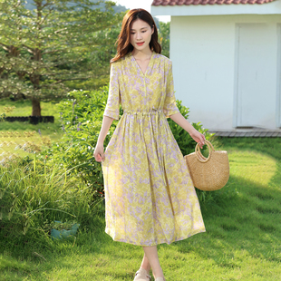 芬芳夏日/十木米原创夏款百分百苎麻印花文艺清新显瘦双层连衣裙