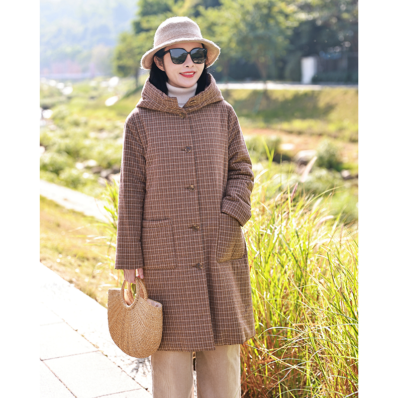 安然/十木米原创冬季新款色织格子全棉百搭棉服外套