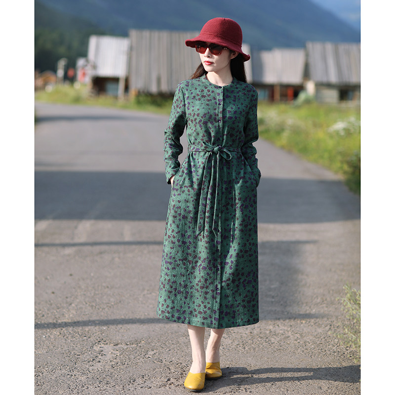 十木米原创亚麻印花连衣裙外套