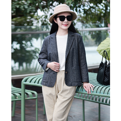 秋实/十木米原创新款加厚色织棉麻文艺百搭西装外套女