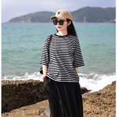 太阳河 十木米原创夏新款 棉质条纹文艺百搭上衣t恤