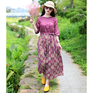 画廊 苎麻文艺旅行印花拼色连衣裙袍子 十木米原创夏新款