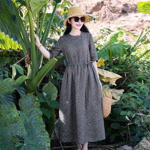 楚风/十木米原创夏新款百分百亚麻印花文艺优雅气质长款连衣裙