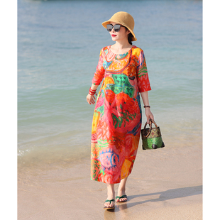 亚麻印花旅行文艺连衣裙袍子 新款 画扇 十木米原创夏季