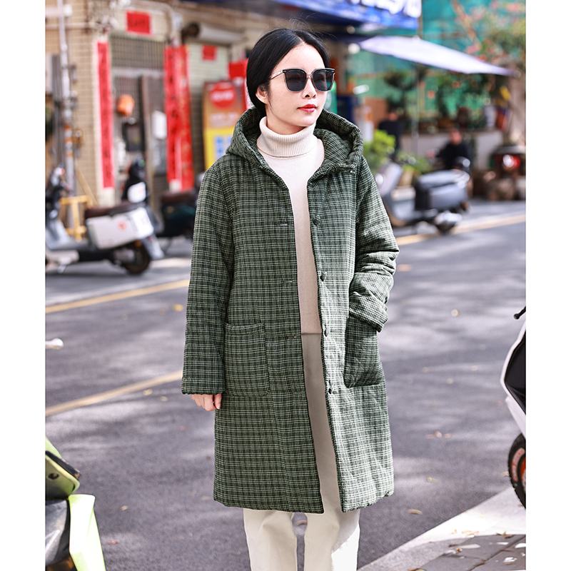 安然/十木米原创冬季新款色织格子全棉文艺百搭棉服外套