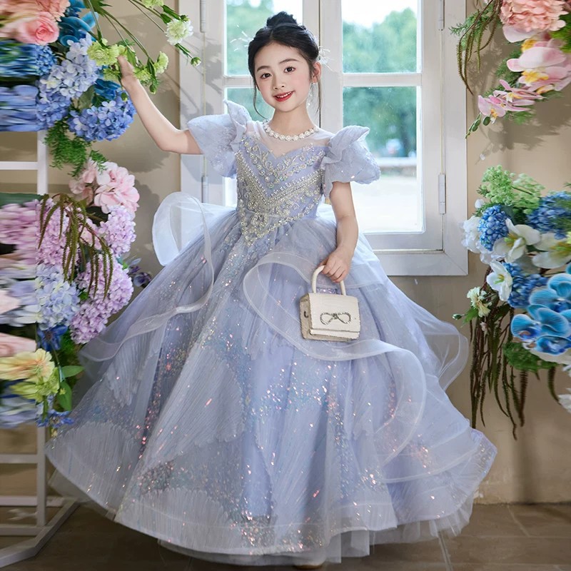 大码加肥微胖女孩的礼服裙婚纱蓝色长袖女童生日公主裙小提琴演奏