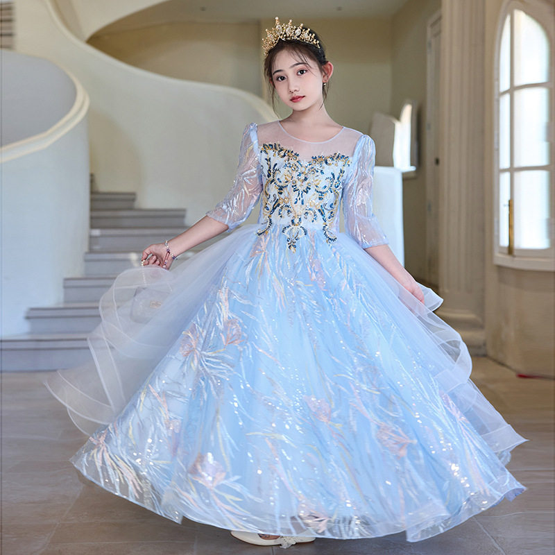 大码加肥礼服花童古筝女童生日2026秋冬蓝色公主裙走秀小提琴钢琴