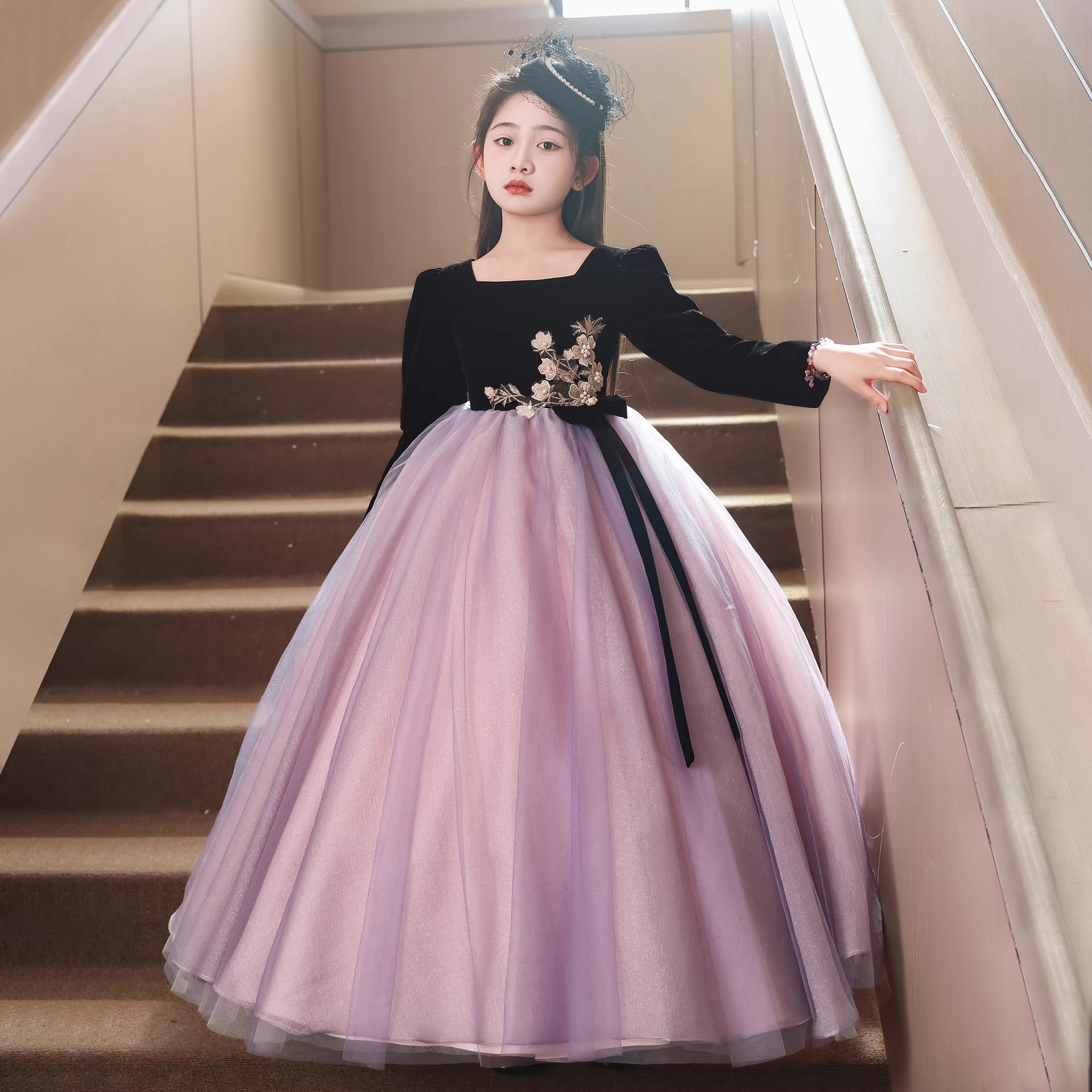 大码加肥微胖女孩礼服婚纱黑色长袖女童生日秋冬公主裙小提琴演奏