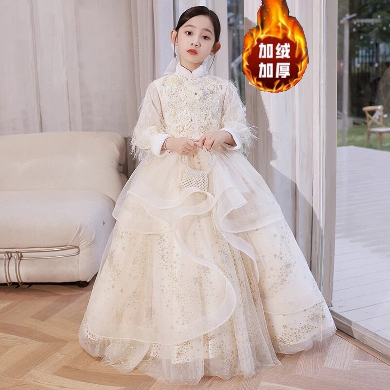大码加肥礼服花童古筝香槟女童生日加绒加厚秋冬公主裙小提琴钢琴