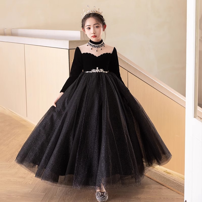 大码加肥微胖女孩礼服婚纱黑色长袖女童生日秋冬公主裙小提琴演奏