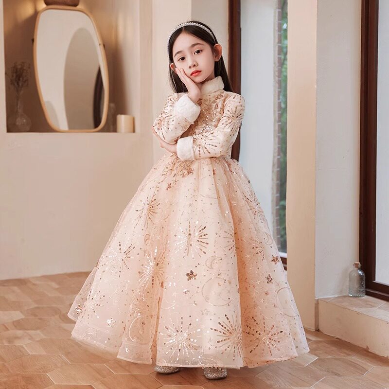 大码加肥礼服花童古筝香槟女童生日加绒加厚秋冬公主裙小提琴钢琴