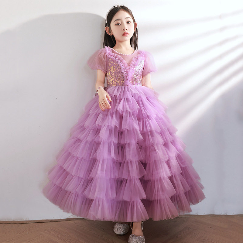 儿童紫色绑带礼服女童重工走秀蛋糕裙生日宴会小主持人钢琴演出服