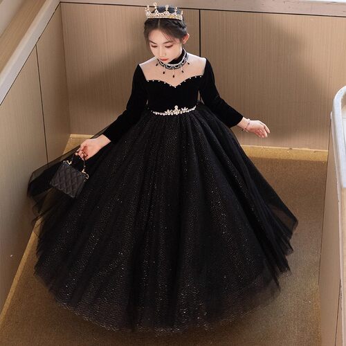 大码加肥微胖礼服花童古筝黑色长袖女童生日秋冬公主裙小提琴钢琴