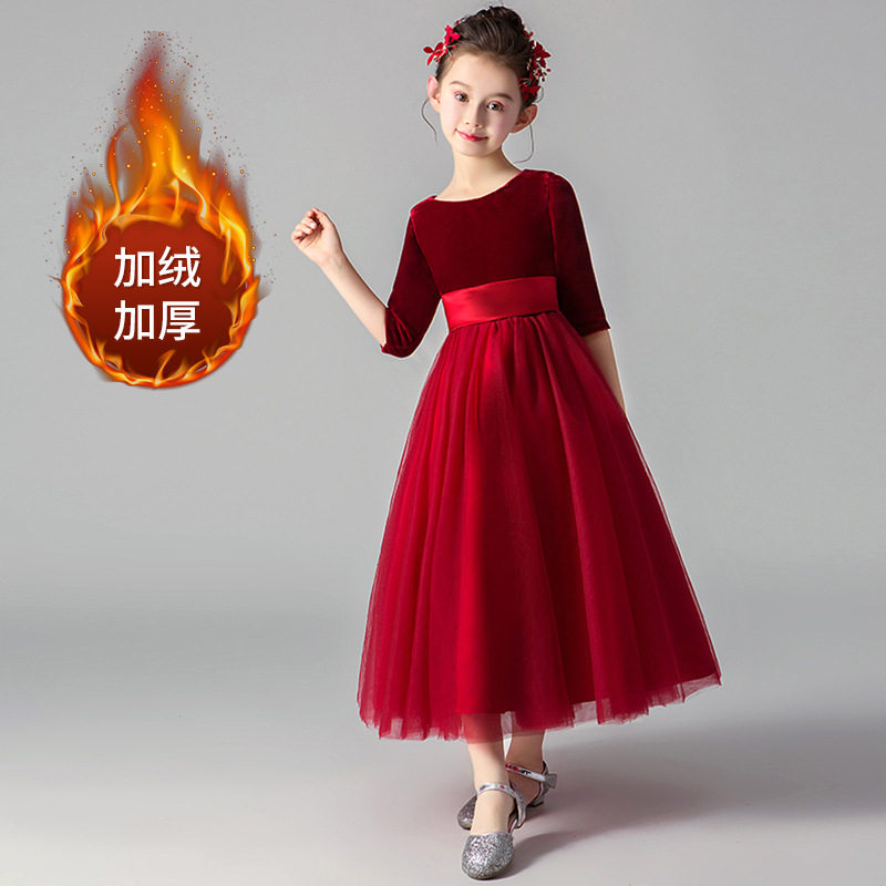 红色儿童礼服女童钢琴演出服新款春秋长款丝绒女童加绒表演公主裙
