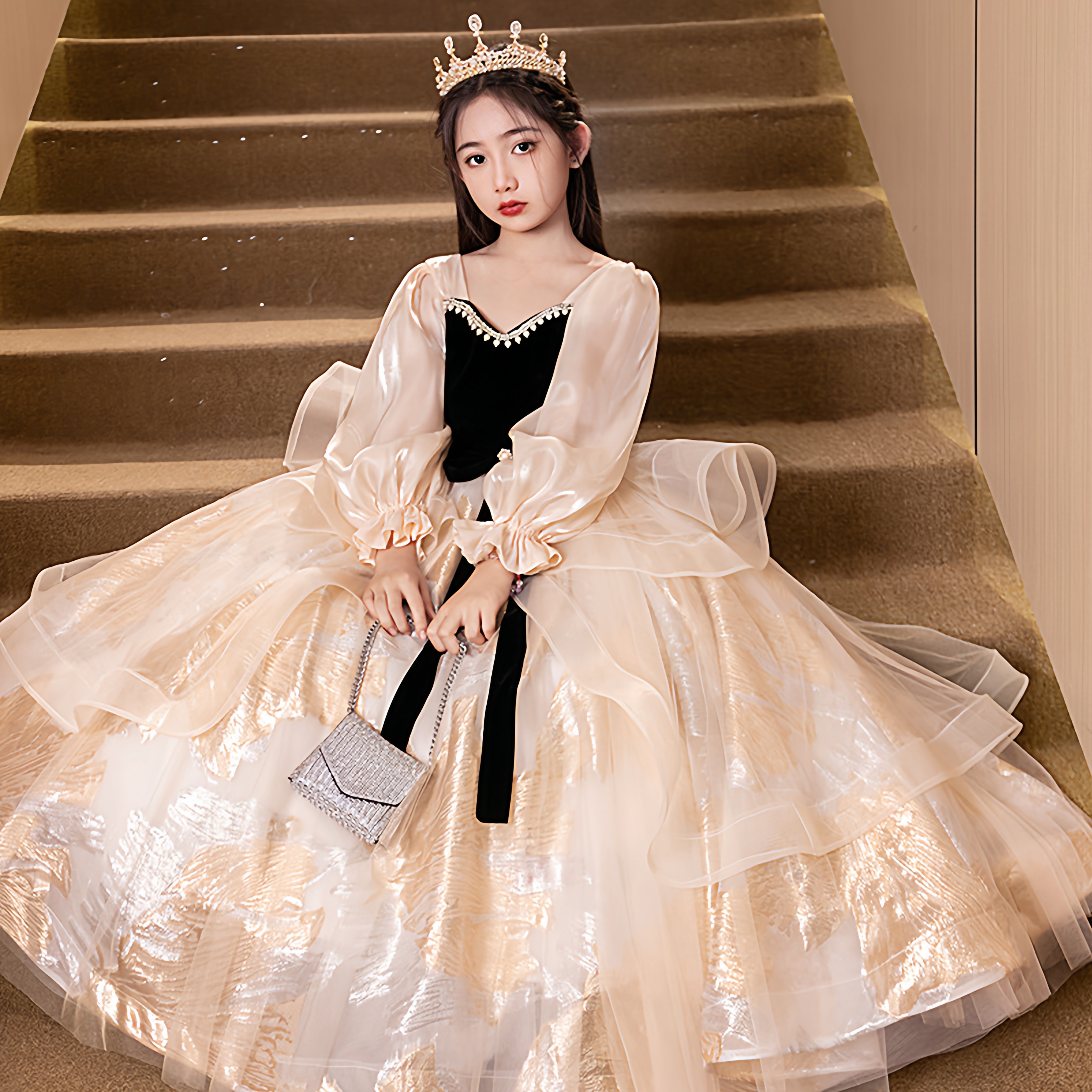 女童礼服秋冬花童婚礼小女孩生日公主裙儿童主持人钢琴演奏演出服