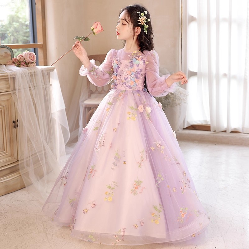 大码加肥微胖的女孩礼服裙婚纱紫色长袖女童生日公主裙小提琴演奏