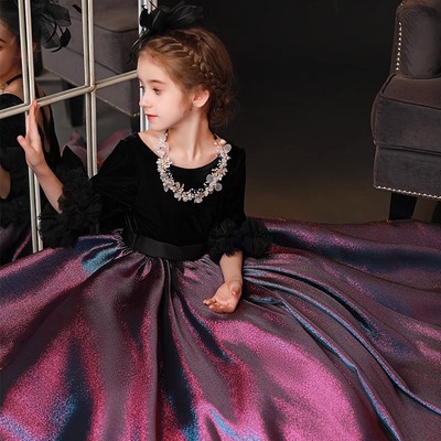 大码高端女大童黑色礼服长袖