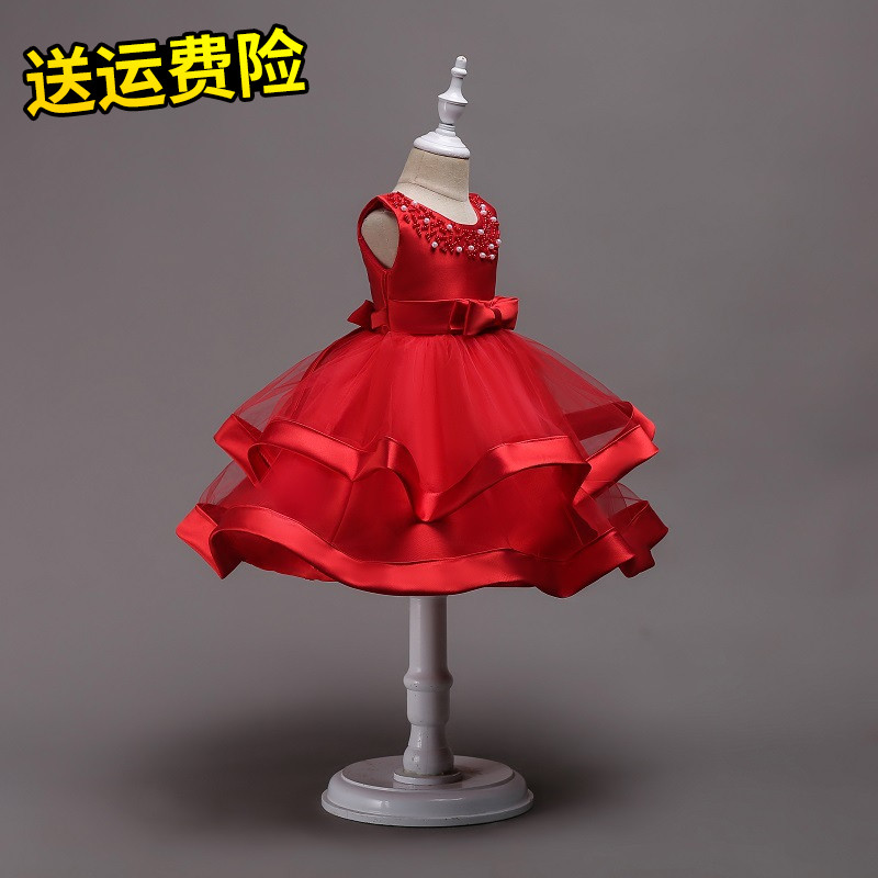 2021女童缎面公主裙小主持人蓬蓬裙花童礼服裙手工串珠女孩表演服