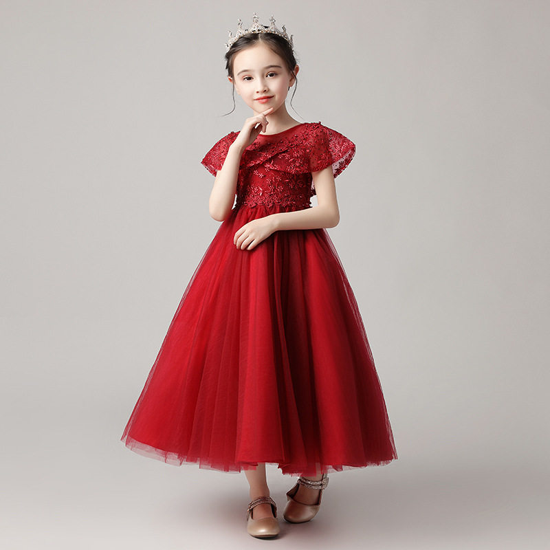 女童大码礼服红色公主裙高端婚纱蓬蓬纱花童走秀主持人钢琴演出服