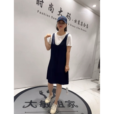 3212女权贵族2026夏新款加肥加大码女装纯棉拼接天丝牛仔连衣裙子