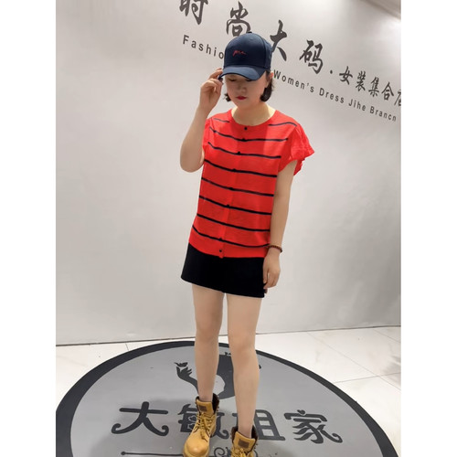 1768芮娜依莲夏季新款加肥加大码女装通勤立体剪裁针织T恤小衫
