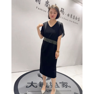 1933芮娜依莲夏季新款加肥大码女装通勤立体剪裁V领雪纺连衣裙子